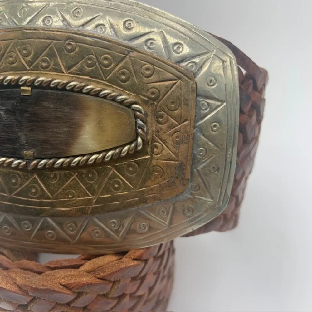 Chico's Y2K Braided Leather Belt Horn Buckle Western Cowgirl Boho Chic Festival
